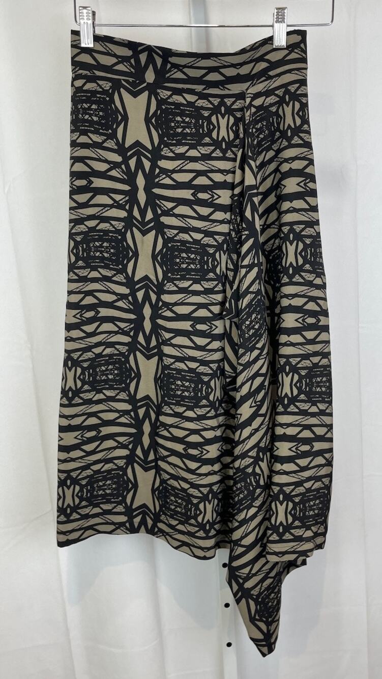 H. FREDRIKSSON  Size XS Silk Drip Skirt Bridge Print Geometric Midi Brown Black
